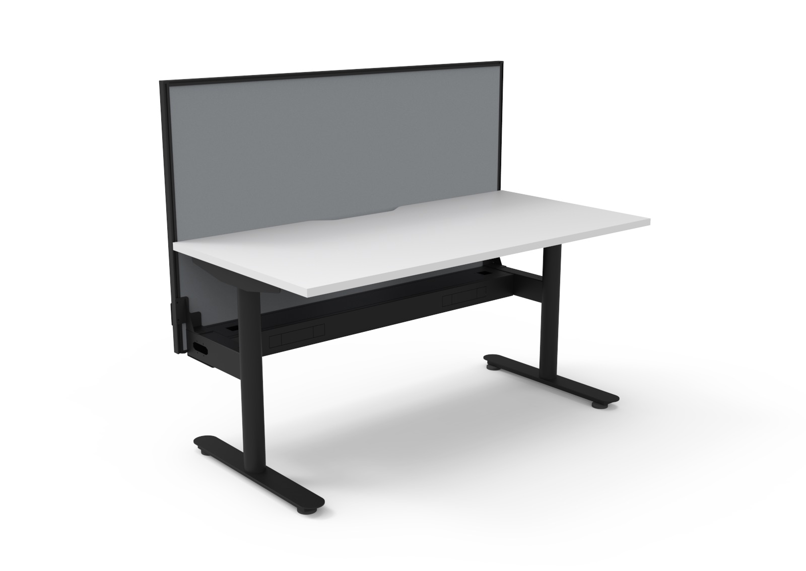 Rapidline Halo Static Desk 1500 x 750mm – Natural White Top, Black Frame, Cable Tray & Grey Privacy Screen