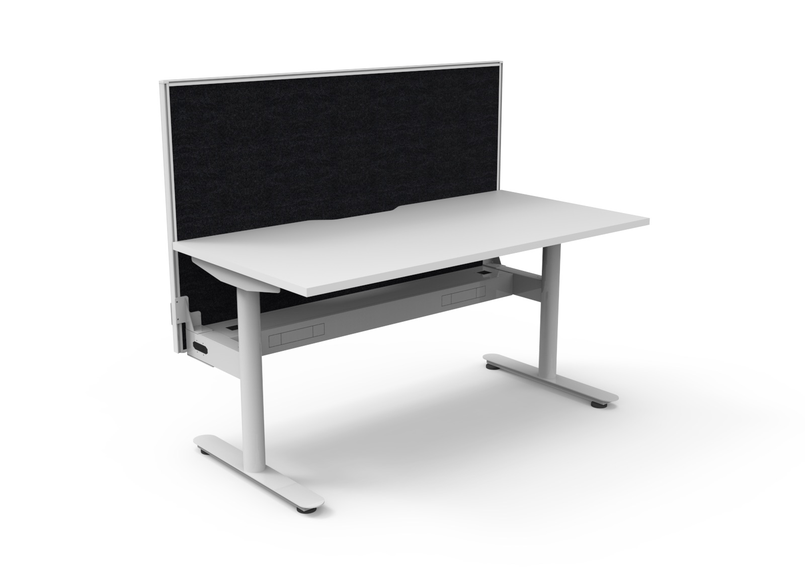 Rapidline Halo Static Desk 1500 x 750mm – Natural White Top, White Frame, Cable Tray & Black Privacy Screen