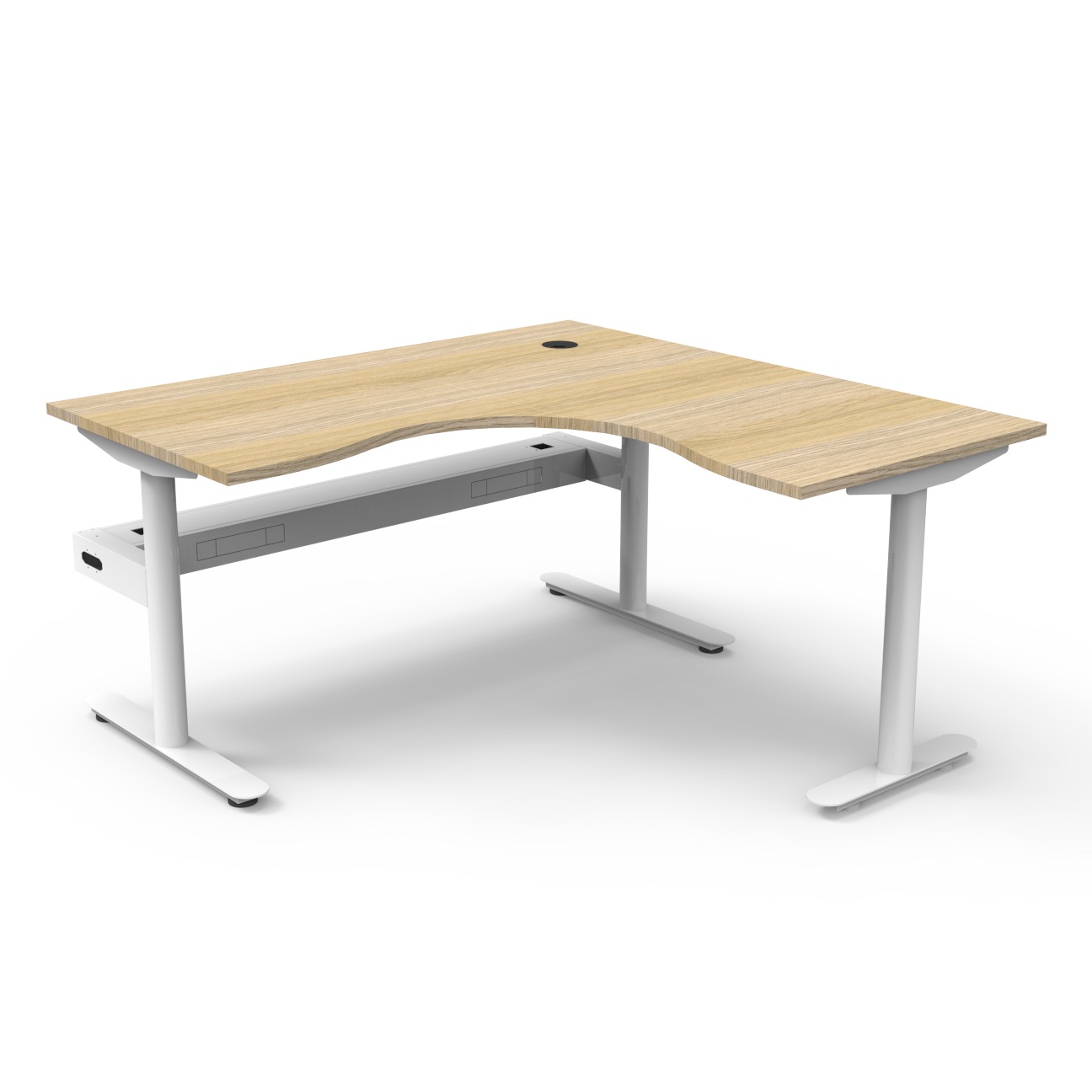 RAPIDLINE Halo Static Corner Workstation 1500mm x 1500mm x 750mm – Natural Oak Top, White Satin Frame, Cable Tray