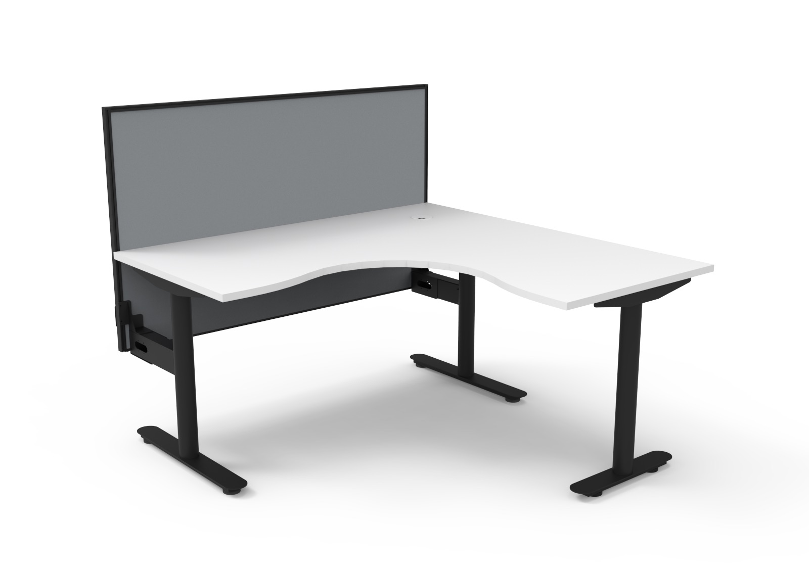 Rapidline Halo Static Corner Workstation – 1500 × 1500 mm, Natural White Top, Black Satin Frame, SHUSH30 Grey Screen