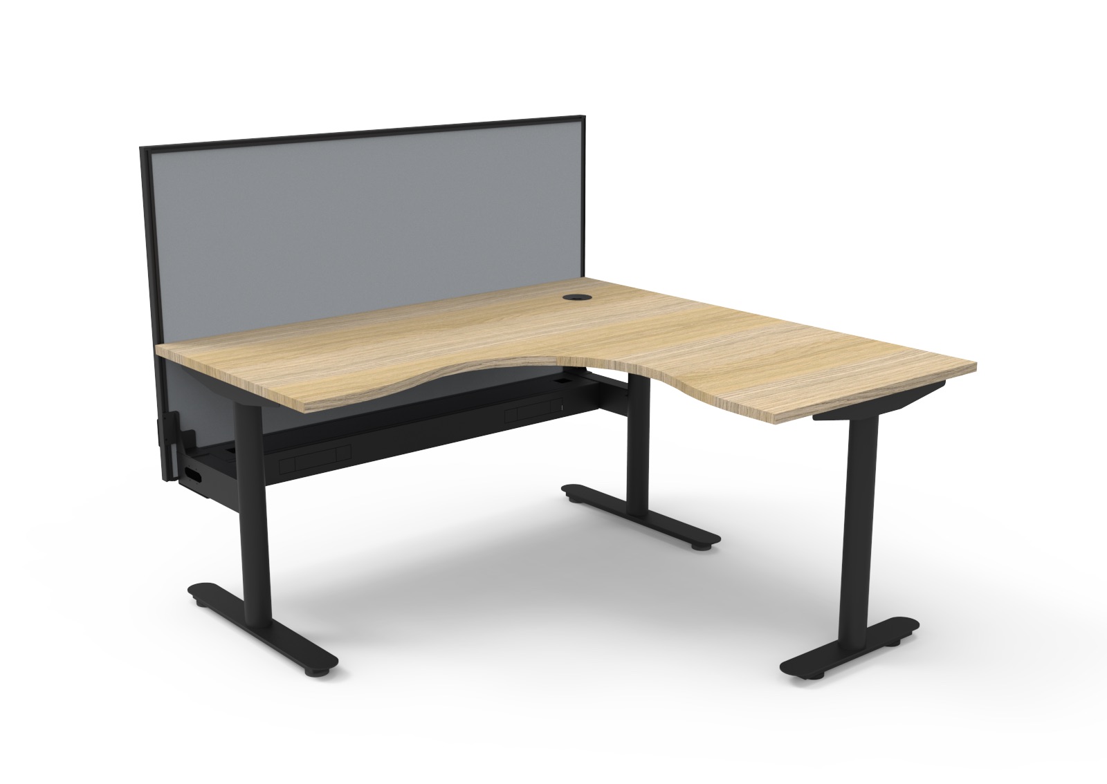 Rapidline Halo Static Corner Workstation 1500mm x 1500mm x 750mm – Natural Oak Top, Black Satin Frame, Cable Tray, Grey SHUSH30 Screen
