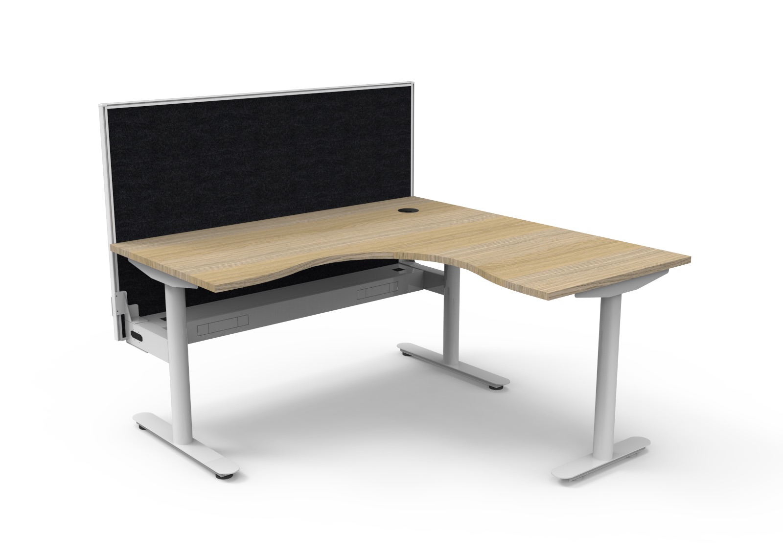 Rapidline Halo Static Corner Workstation 1500mm x 1500mm x 750mm – Natural Oak Top, White Satin Frame, Cable Tray, Black SHUSH30 Screen
