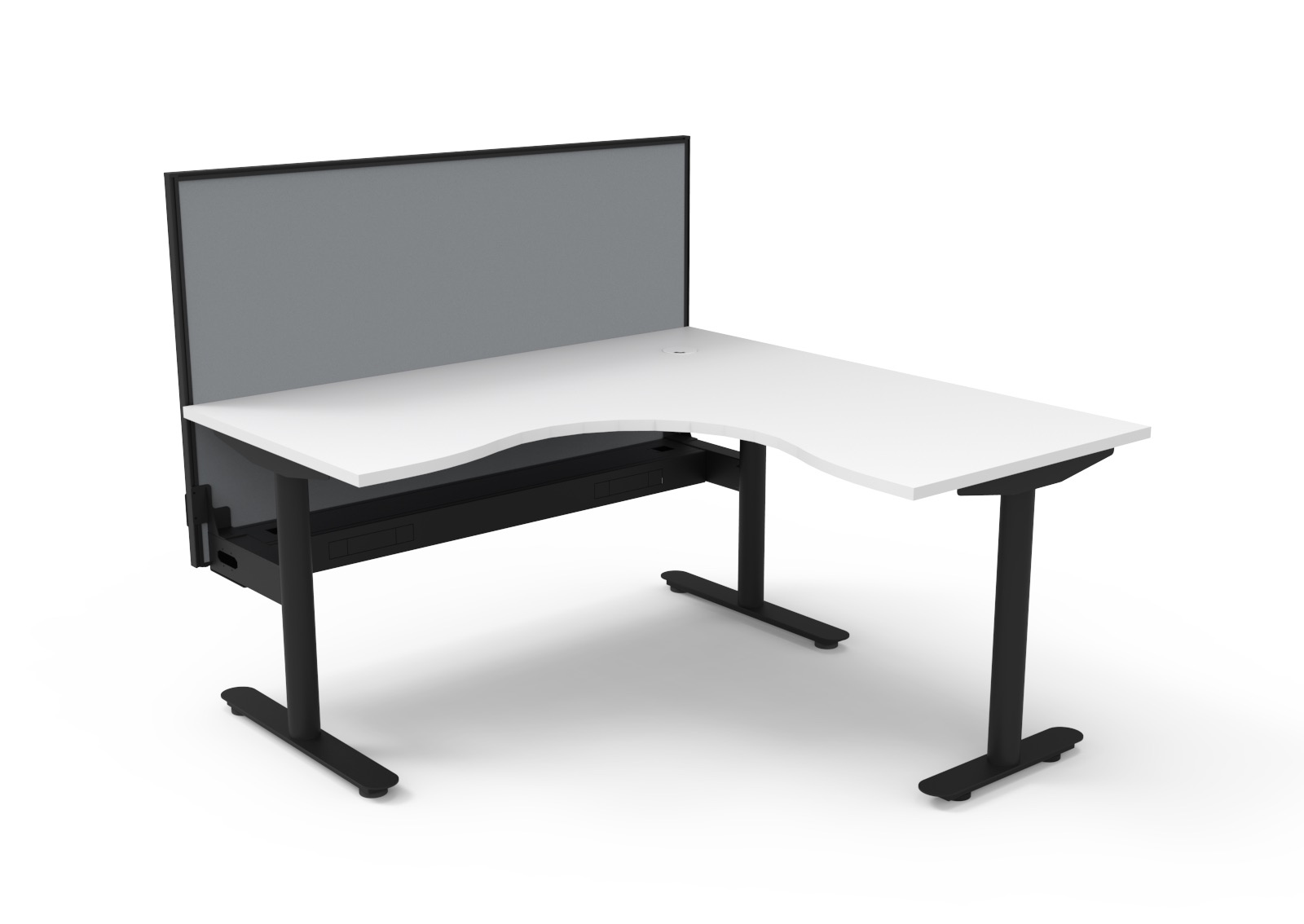 RAPIDLINE Halo Static Corner Workstation – 1500×1500×750mm – Natural White Top, Black Satin Frame – SHUSH30 Grey Fabric Screen