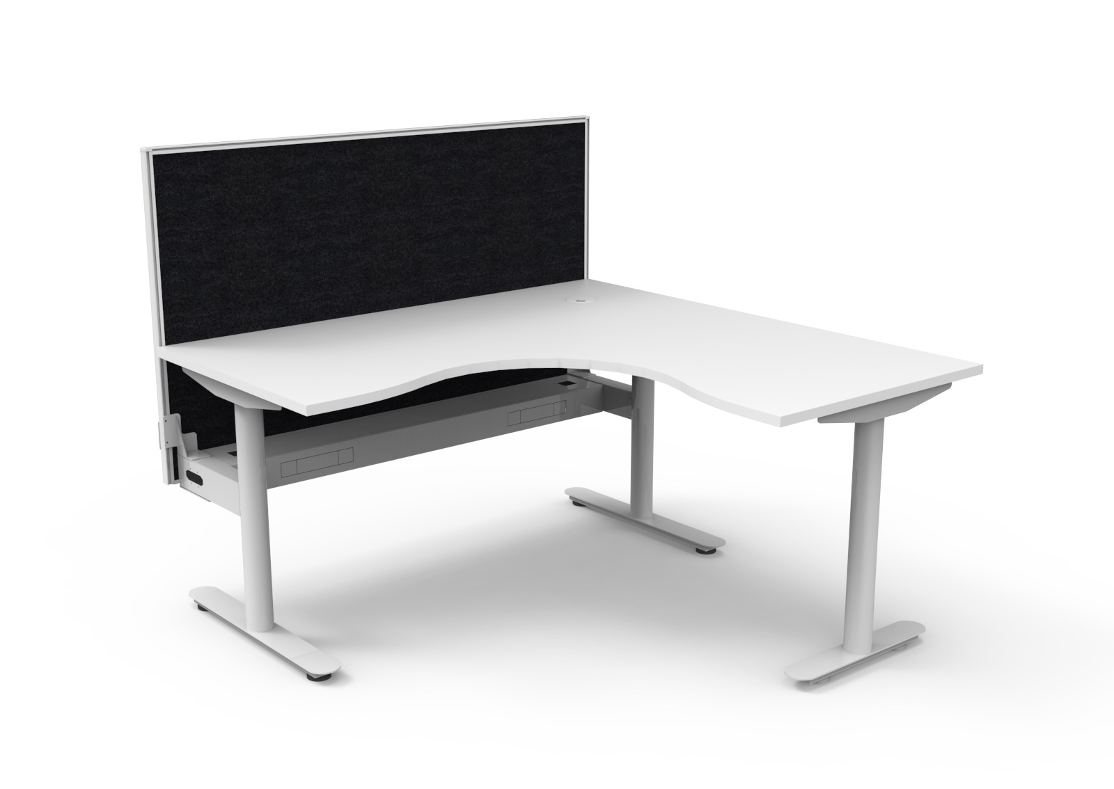 RAPIDLINE Halo Static Corner Workstation – 1500×1500×750mm – Natural White Top, White Satin Frame – SHUSH30 Black Fabric Screen