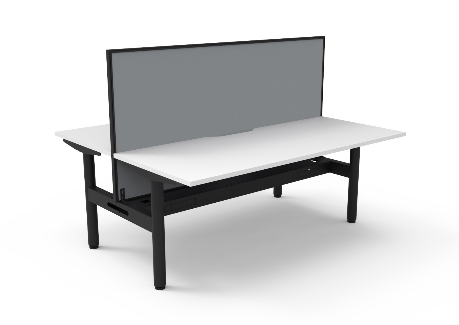 Rapidline Halo Static Back-to-Back Workstation – Natural White Top, Black Satin Frame, Cable Tray & Grey Privacy Screen