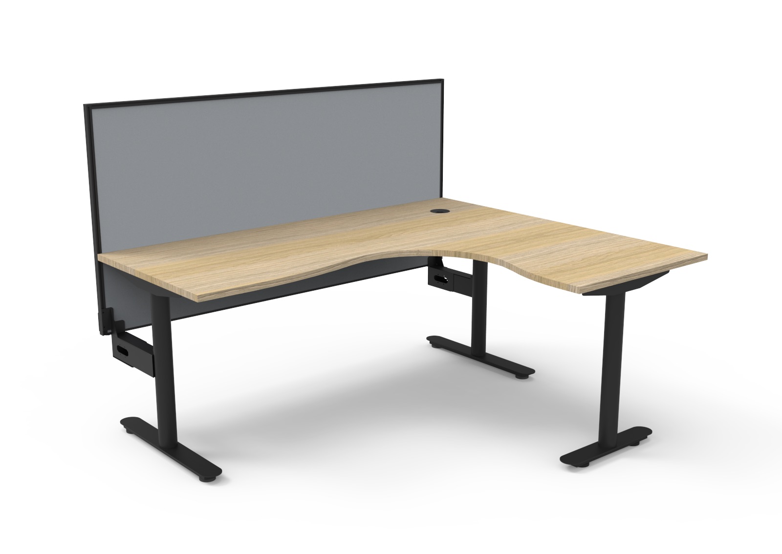 Rapidline Halo Static Corner Workstation – 1800 × 1500 mm, Natural Oak Top, Black Satin Frame, SHUSH30 Grey Screen