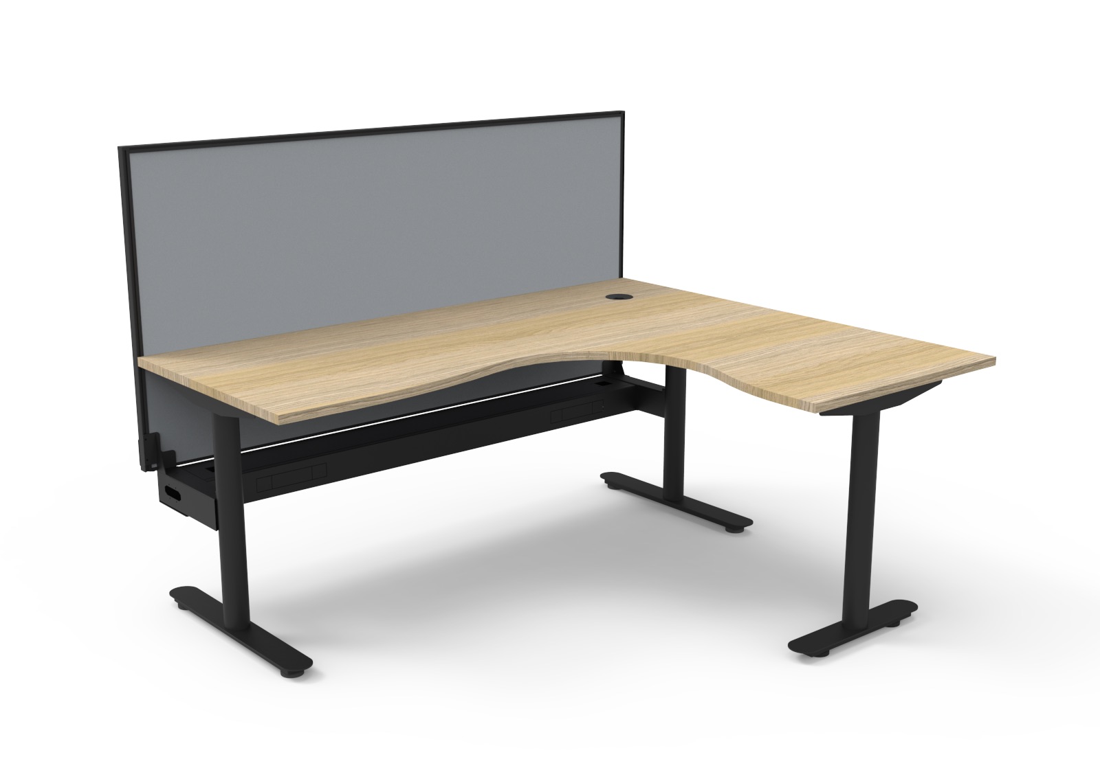 RAPIDLINE Halo Static Corner Workstation – 1800×1500×750mm – Natural Oak Top, Black Satin Frame – SHUSH30 Grey Fabric Screen