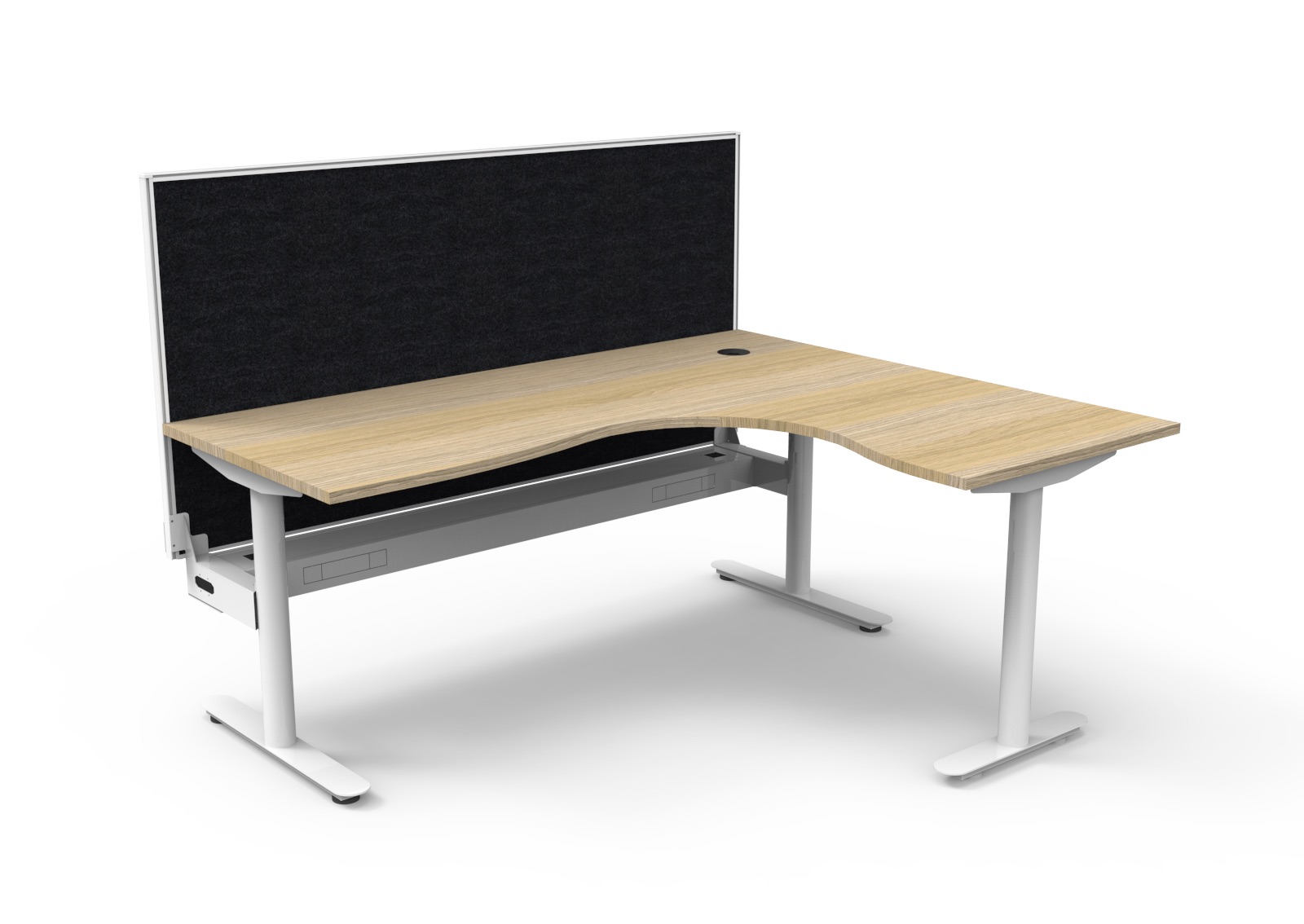 RAPIDLINE Halo Static Corner Workstation – 1800×1500×750mm – Natural Oak Top, White Satin Frame – SHUSH30 Black Fabric Screen