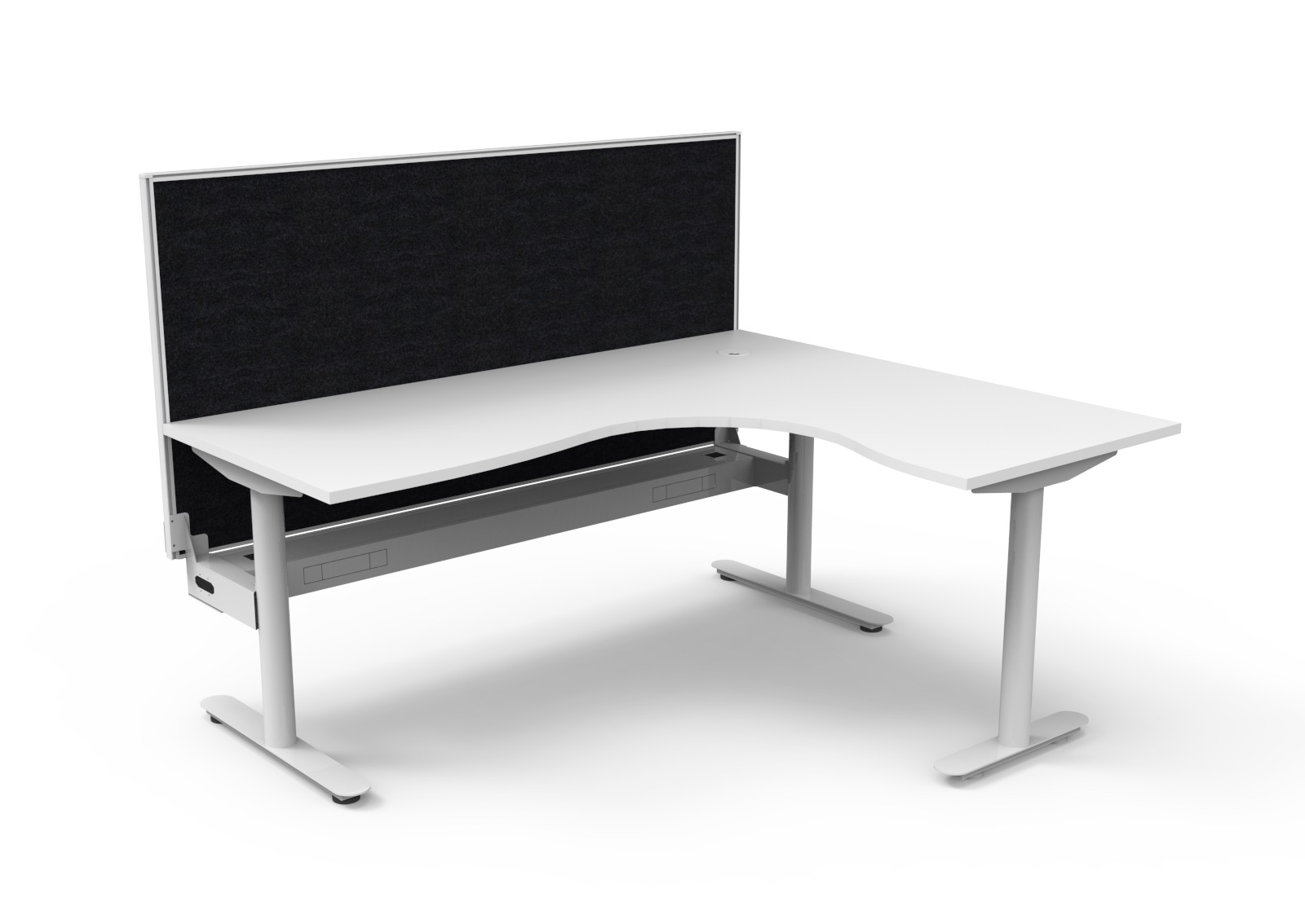 Rapidline Halo Static Corner Workstation – Back-to-Back | 1800×1500mm | Natural White Top, White Satin Frame | Black SHUSH30 Screen