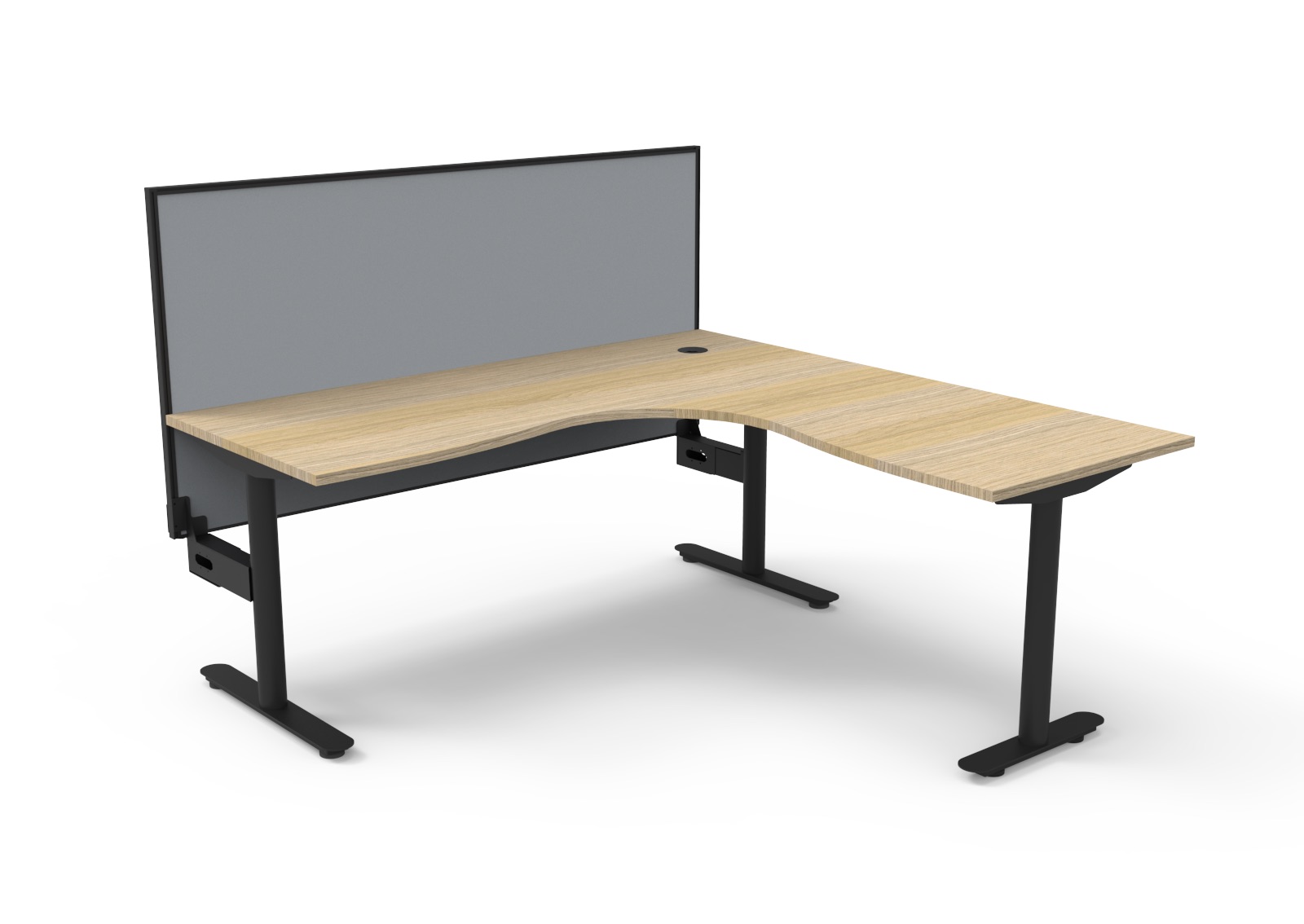 Rapidline Halo Static Corner Workstation – 1800×1800mm, Natural Oak Top, Black Satin Frame, Grey SHUSH30 Screen
