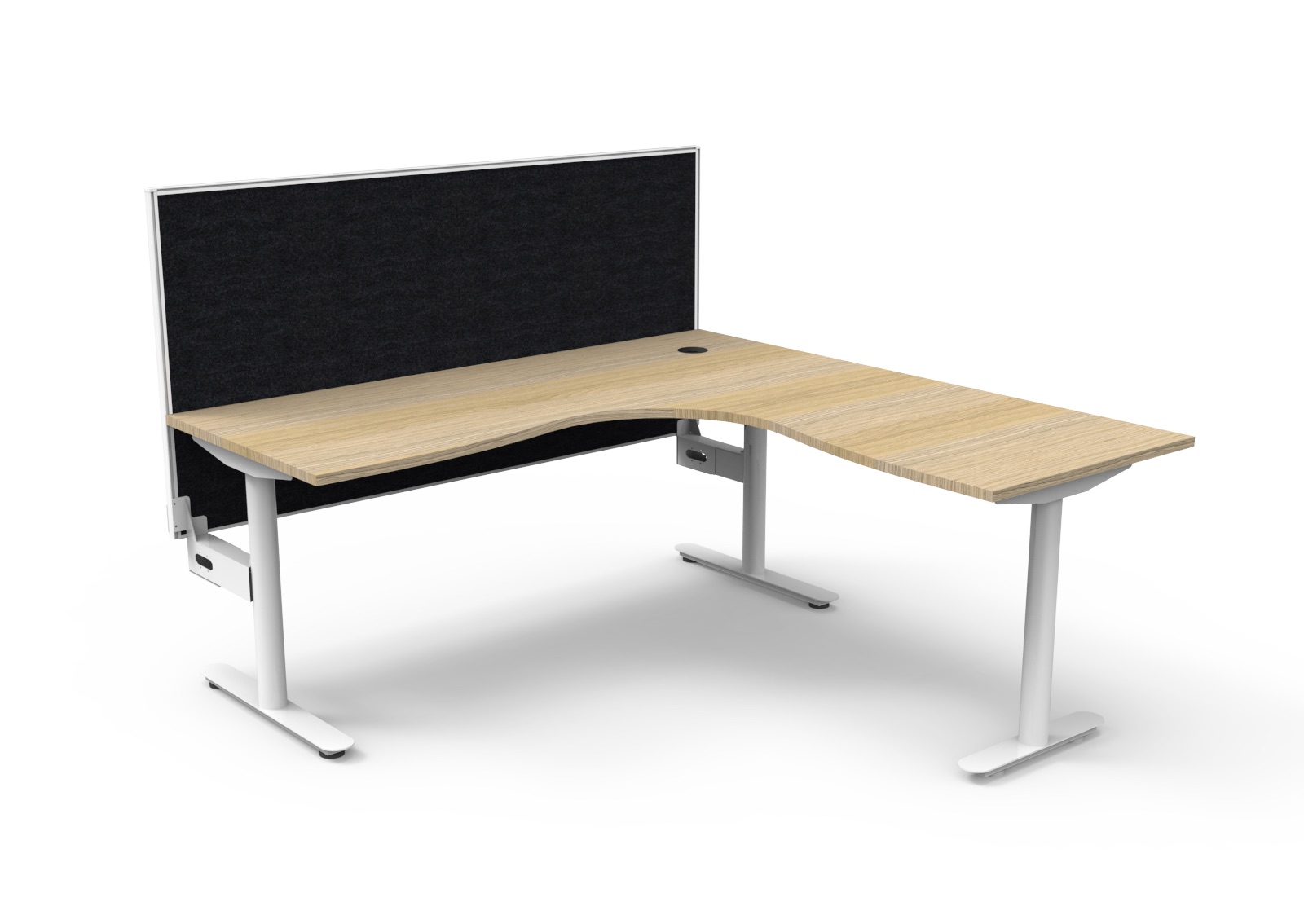 Rapidline Halo Static Corner Workstation – 1800×1800mm, Natural Oak Top, White Satin Frame, Black SHUSH30 Screen