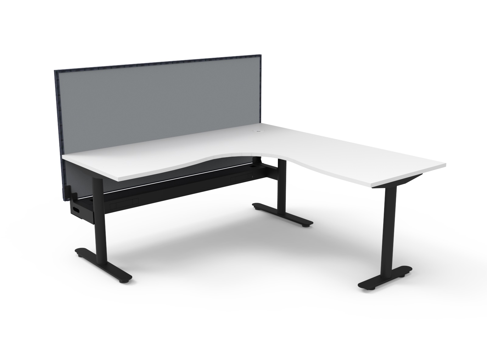 RAPIDLINE Halo Static Corner Workstation – 1800×1800mm | Natural White Top, Black Satin Frame, Cable Tray, Grey SHUSH30 Screen