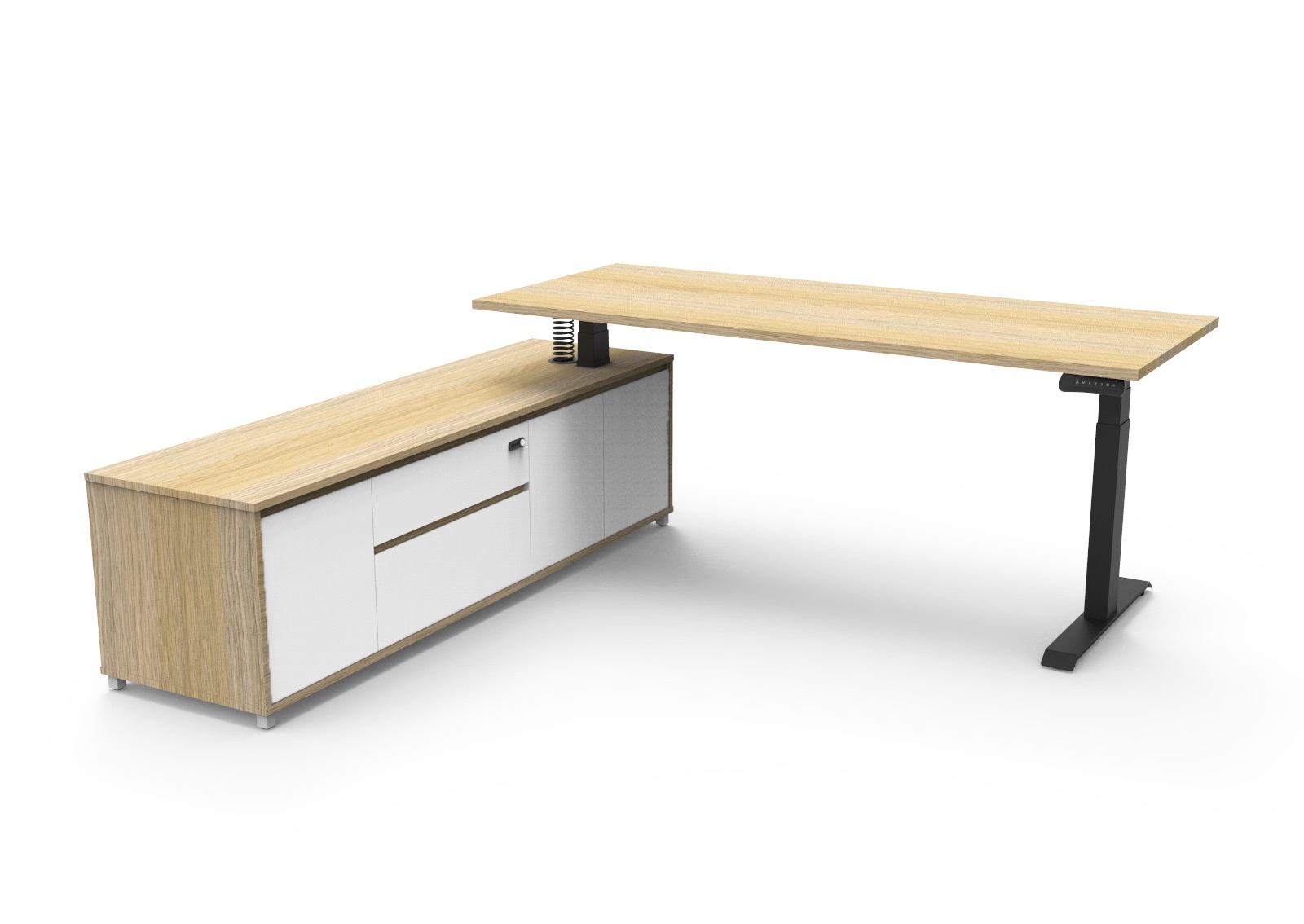Rapidline Boost Executive Sit-Stand Desk – 1800mm x 1800mm – Natural Oak Top / Black Base – LHS Cabinet Return