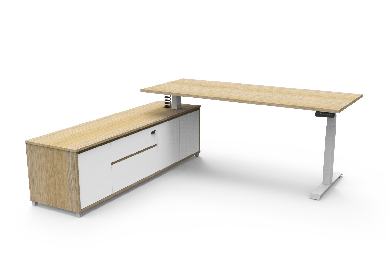 Rapidline Boost Executive Sit-Stand Desk – 1800mm x 1800mm – Natural Oak Top / White Base – LHS Cabinet Return