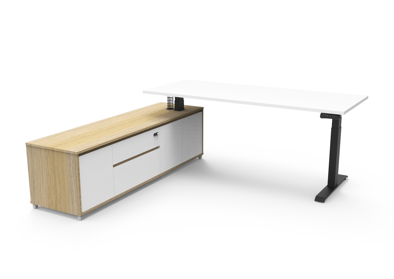 Rapidline Boost Executive Sit-Stand Desk – 1800mm x 1800mm – Natural White Top / Black Base – LHS Cabinet Return
