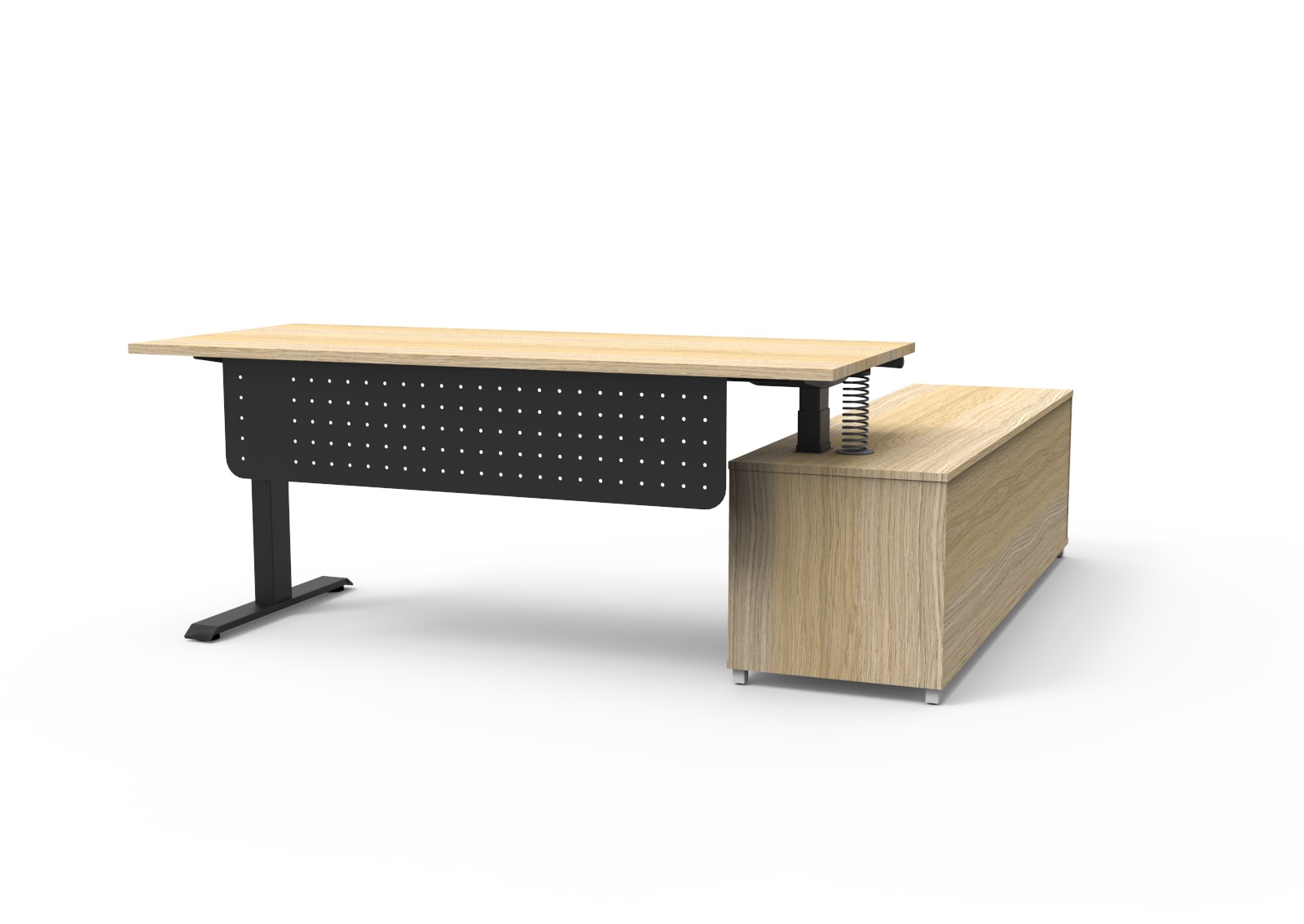 Rapidline Boost Executive Height Adjustable Desk – 1800×1800mm, Natural Oak Top, Black Underframe, Modesty Panel, Left Hand Cabinet