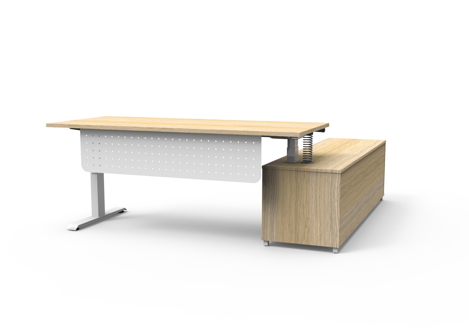 Rapidline Boost Executive Height Adjustable Desk – 1800×1800mm, Natural Oak Top, White Underframe, Modesty Panel, Left Hand Cabinet