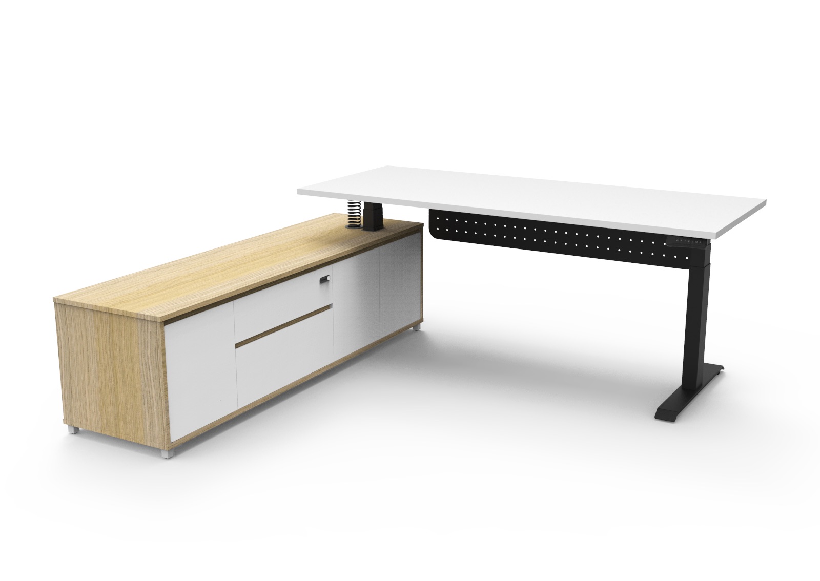 Rapidline Boost Executive Height Adjustable Desk – 1800×1800mm, Natural White Top, Black Underframe, Modesty Panel, Left Hand Cabinet
