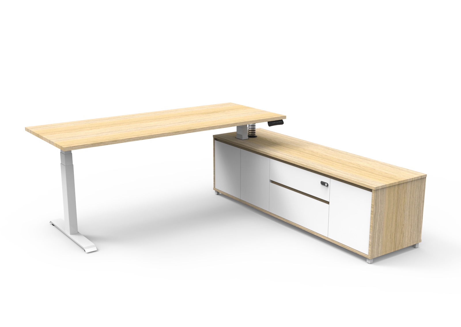 Rapidline Boost Executive Height Adjustable Desk – 1800×1800mm Natural Oak Top, White Underframe, Right Hand Side Cabinet
