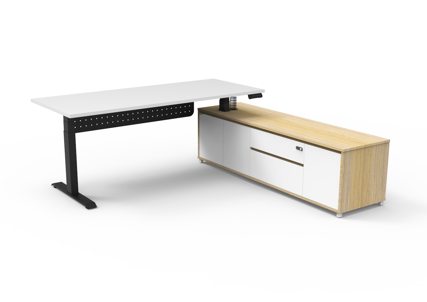 Rapidline Boost Executive Height Adjustable Desk – 1800×1800mm Natural White Top, Black Underframe, Right Hand Side Cabinet