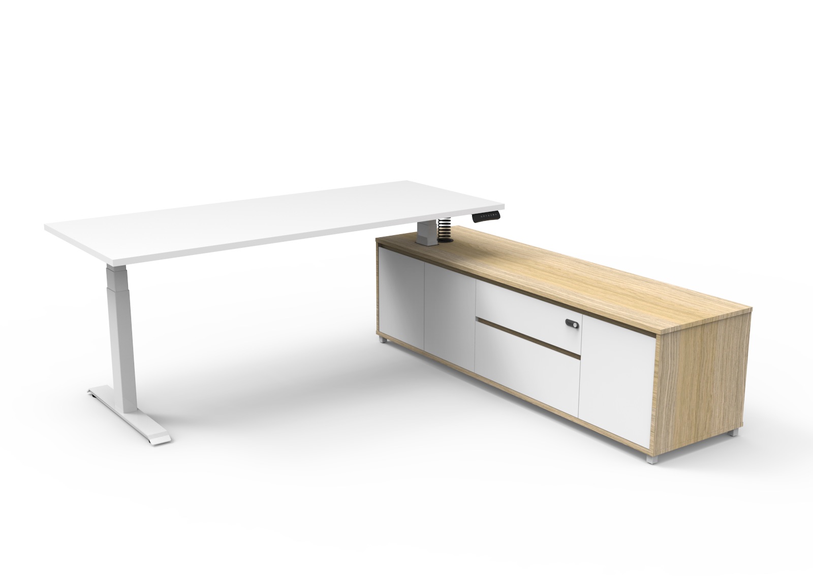 Rapidline Boost Executive Desk – 1800mm x 1800mm, Natural White Top, White P/C Underframe, Right-Hand Side Cabinet