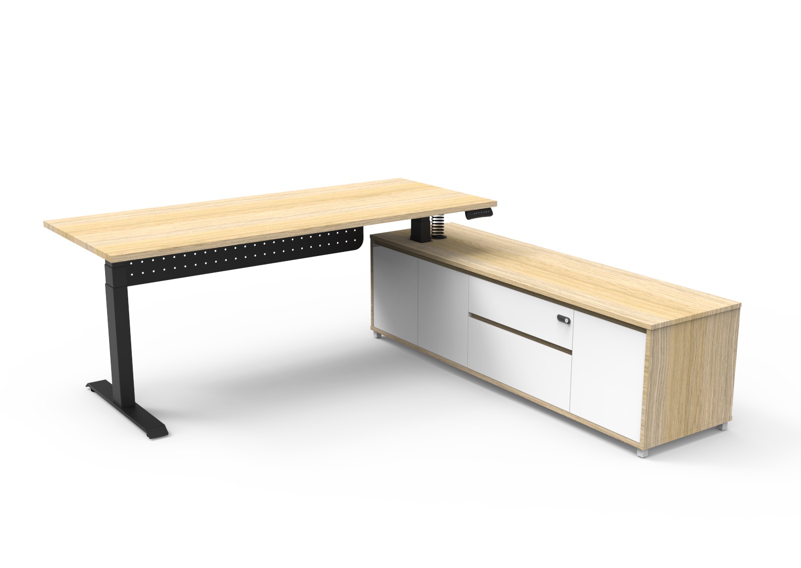 Rapidline Boost Executive Height Adjustable Desk – 1800×1800mm, Natural Oak Top, Black Underframe, Modesty Panel, Right-Hand Side Cabinet