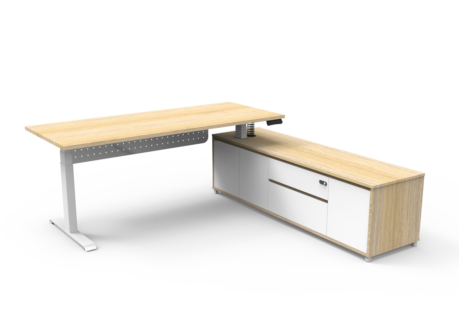 Rapidline Boost Executive Height Adjustable Desk – 1800×1800mm, Natural Oak Top, White Underframe, Modesty Panel, Right-Hand Side Cabinet