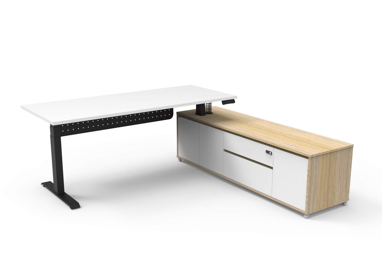 Rapidline Boost Executive Height Adjustable Desk – 1800×1800mm, Natural White Top, Black Underframe, Modesty Panel, Right-Hand Side Cabinet