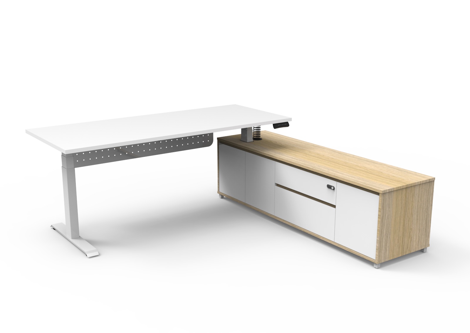 Rapidline Boost Executive Desk – Natural White Top, White P/C Underframe, Right-Hand Cabinet (1800×1800mm)