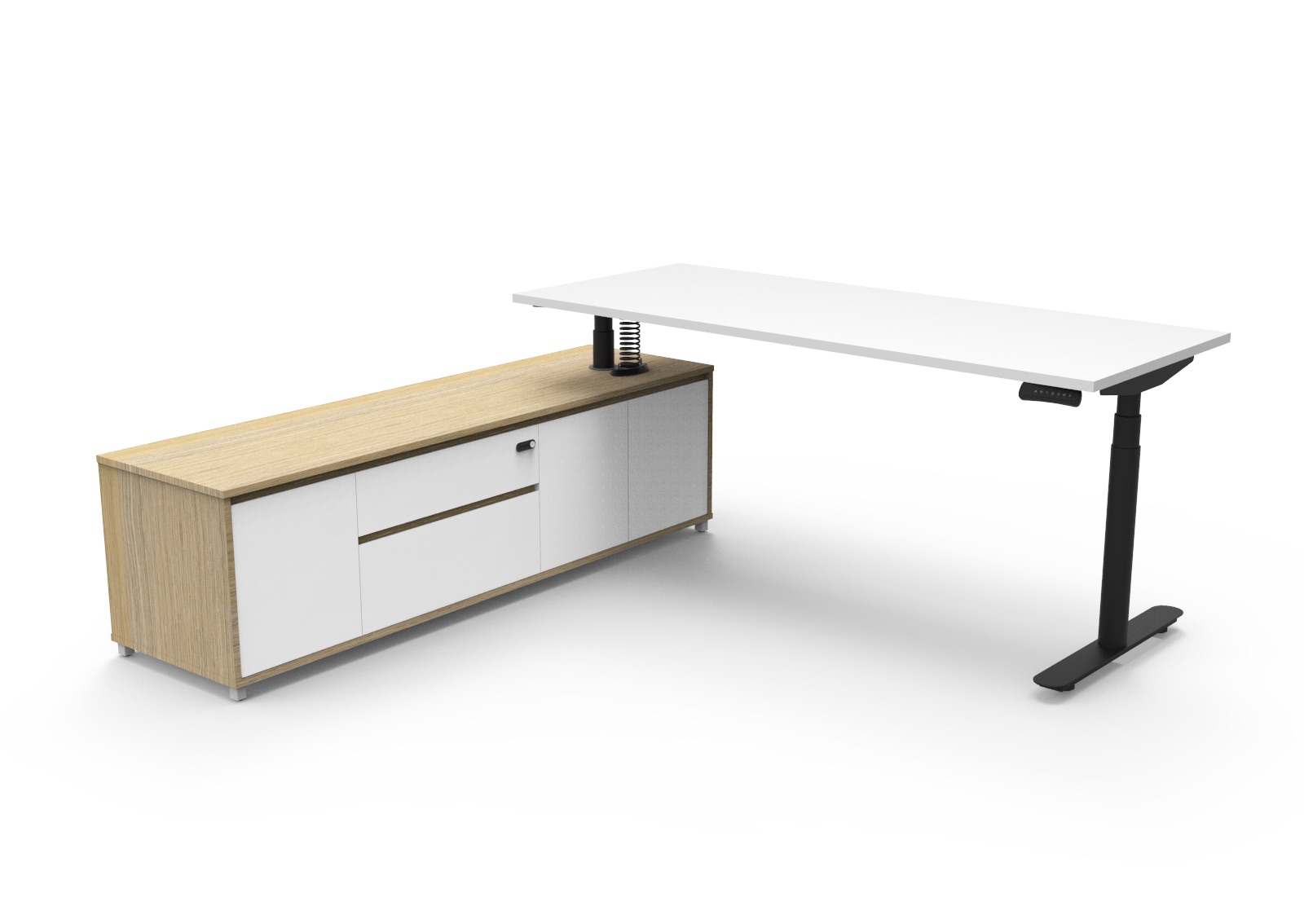 Rapidline Halo+ Executive Desk & Cabinet – Height Adjustable, Natural White / Black, LHS Return
