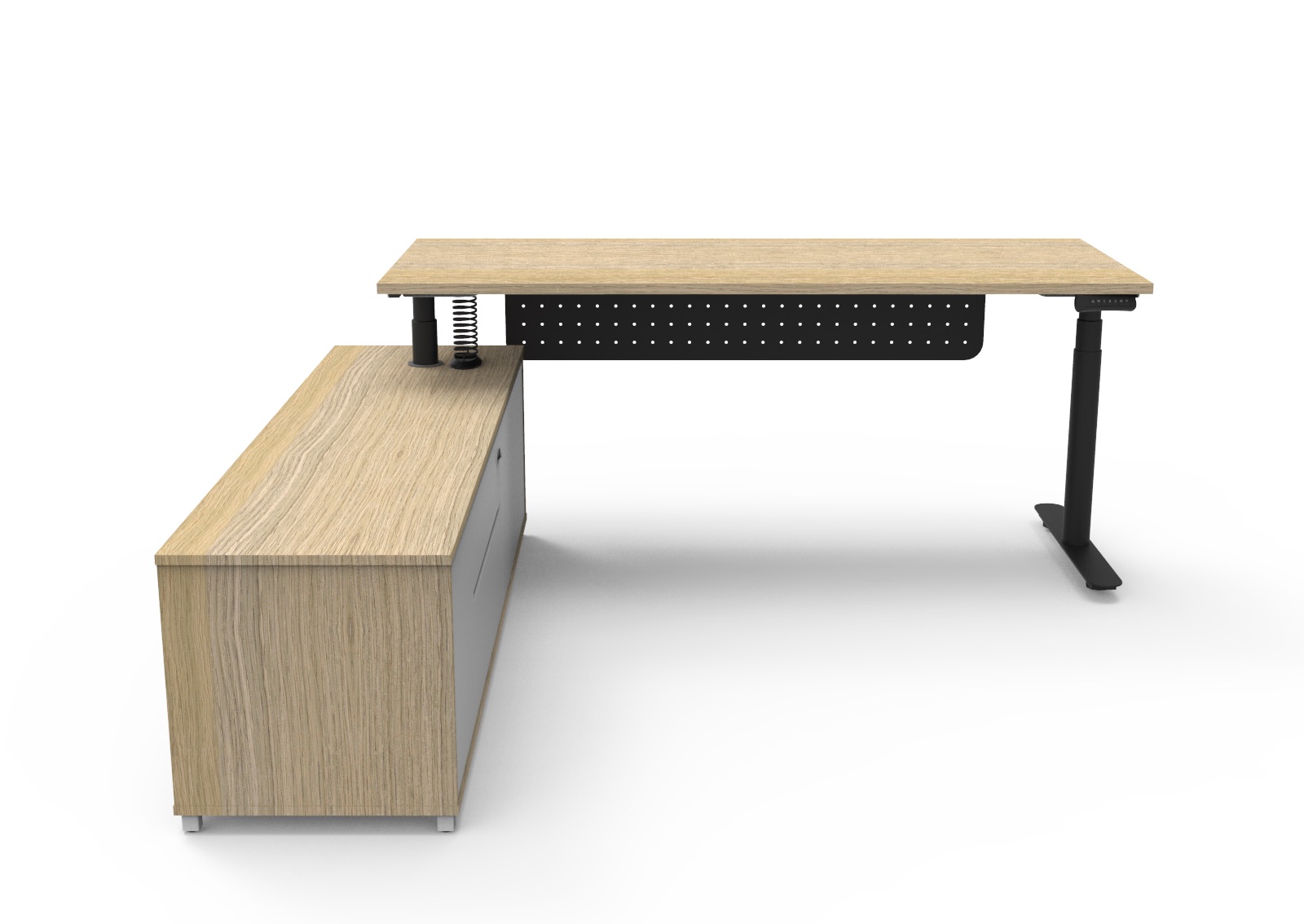 Rapidline Halo+ Executive Desk & Cabinet – Natural Oak Top, Black Frame, 1800×1800mm, Left-Hand Cabinet Return, Modesty Panel