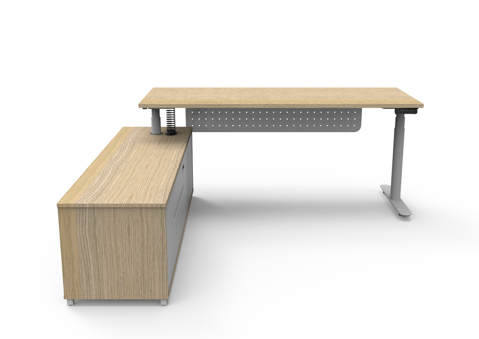 Rapidline Halo+ Executive Desk & Cabinet – Natural Oak Top, White Underframe, Left Hand Side Return, 1800×1800mm, Height Adjustable 500–750mm