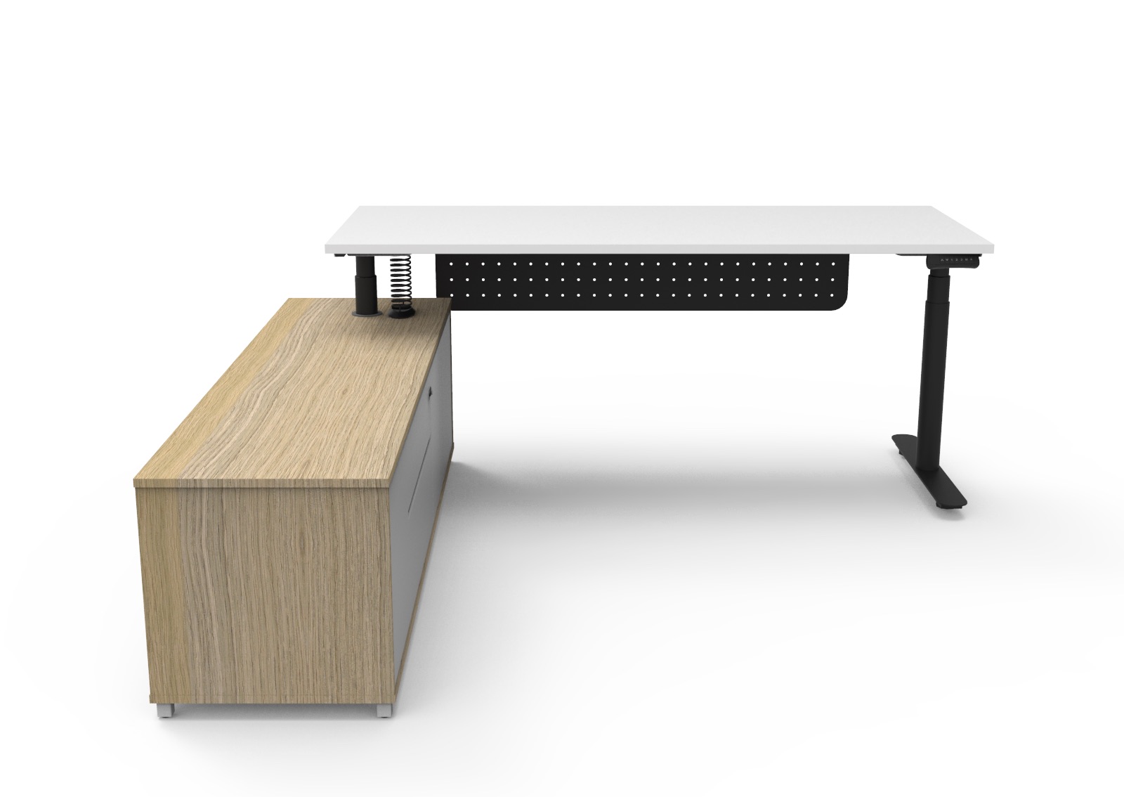 Rapidline Halo+ Executive Desk & Cabinet – Natural White Top, Black Underframe, Left Hand Side Return, 1800×1800mm, Height Adjustable 500–750mm