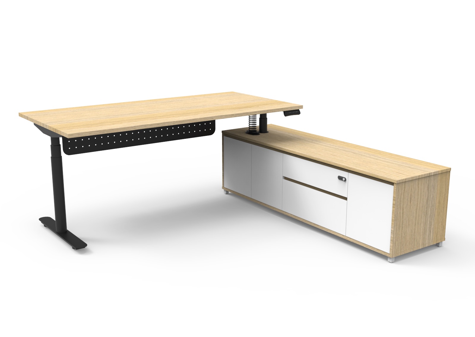 Rapidline Halo+ Executive Desk & Cabinet – 1800×1800mm, Natural Oak Top, Black P/C Underframe, Modesty Panel, Right-Hand Cabinet Return