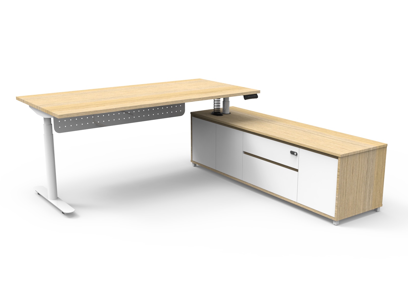 Rapidline Halo+ Executive Desk & Cabinet – 1800×1800mm, Natural Oak Top, White P/C Underframe, Modesty Panel, Right-Hand Cabinet Return
