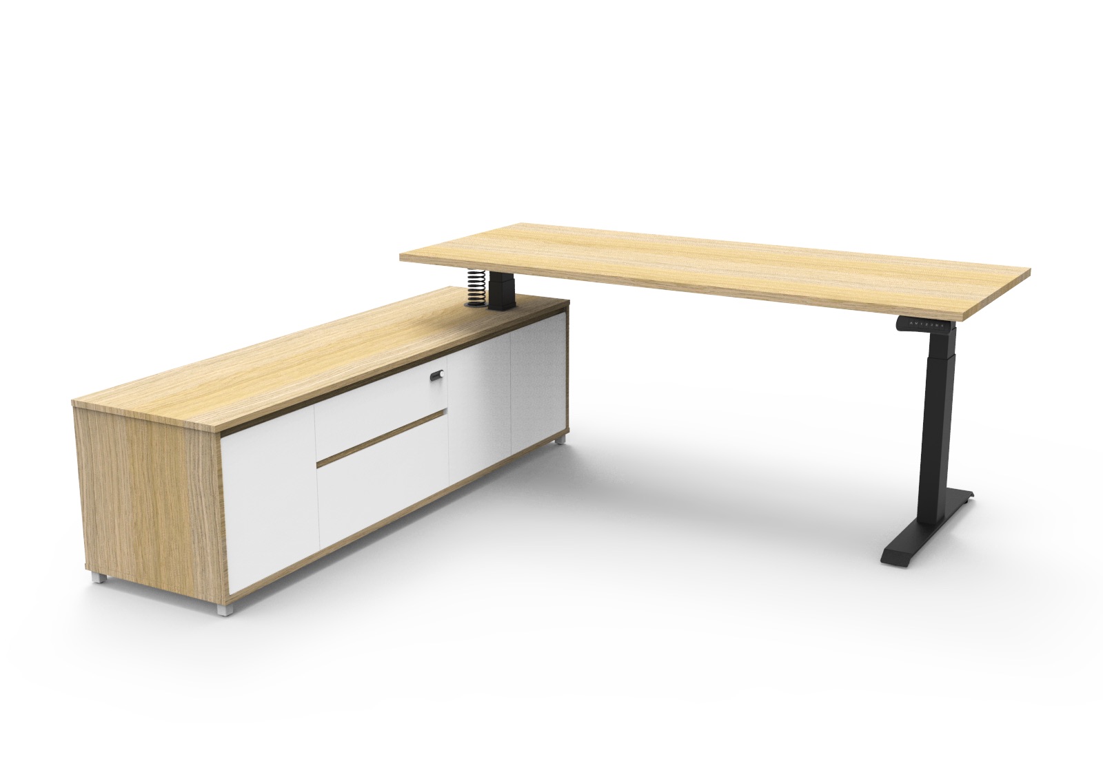 Rapidline Boost Executive Height Adjustable Desk – 1800×1800mm, Natural Oak Top, Black P/C Underframe, Left Hand Cabinet Return