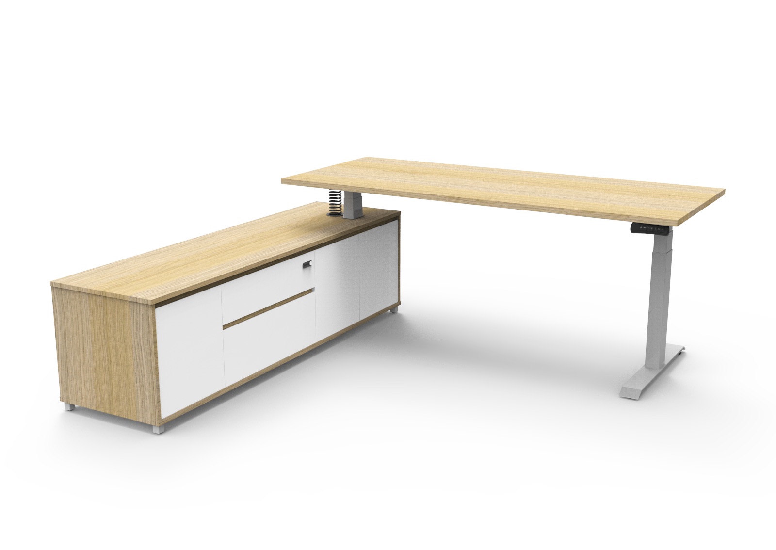 Rapidline Boost Executive Height Adjustable Desk – 1800×1800mm, Natural Oak Top, White P/C Underframe, Left Hand Cabinet Return
