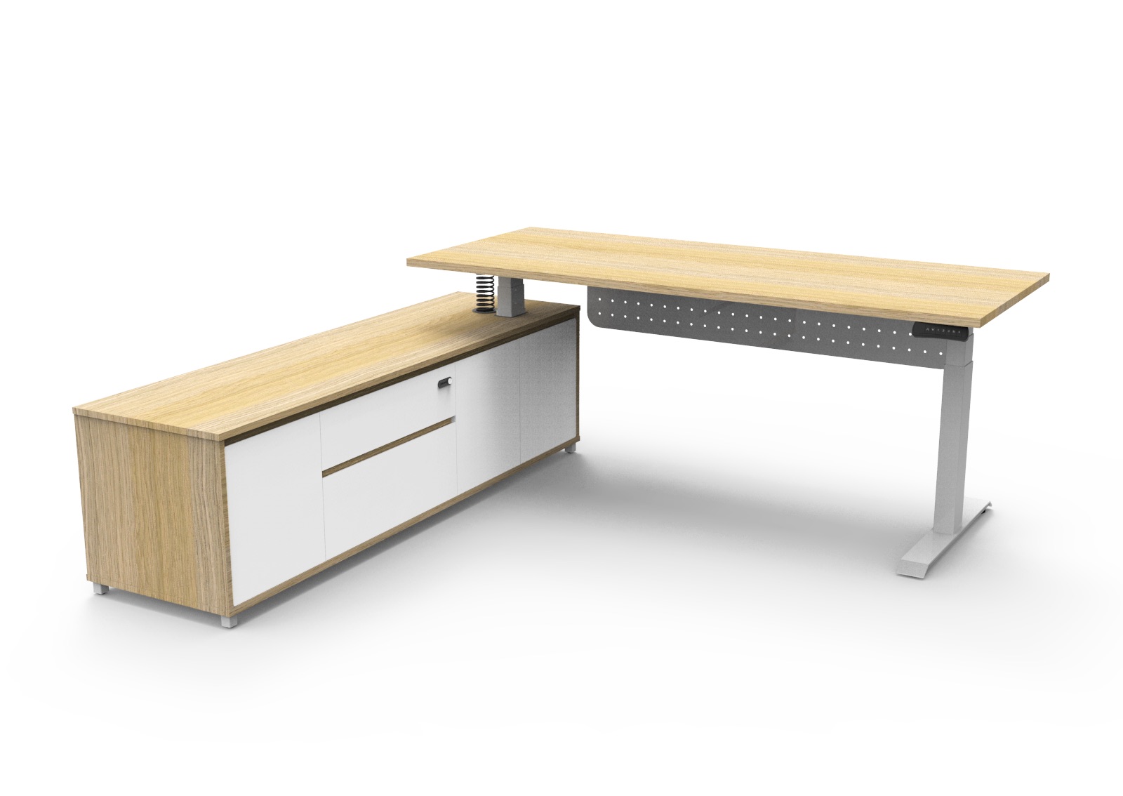 Rapidline Boost Executive Desk – 1800W x 1800D, Height Adjustable 900–500mm, Natural Oak Top, White Underframe, Left-Hand Cabinet