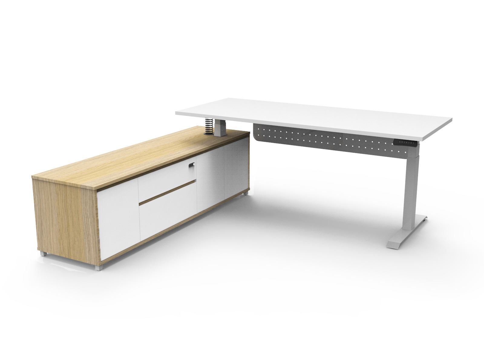 Rapidline Boost Executive Height Adjustable Desk | 1800×1800mm | Natural White Top, White Frame, Left-Hand Cabinet