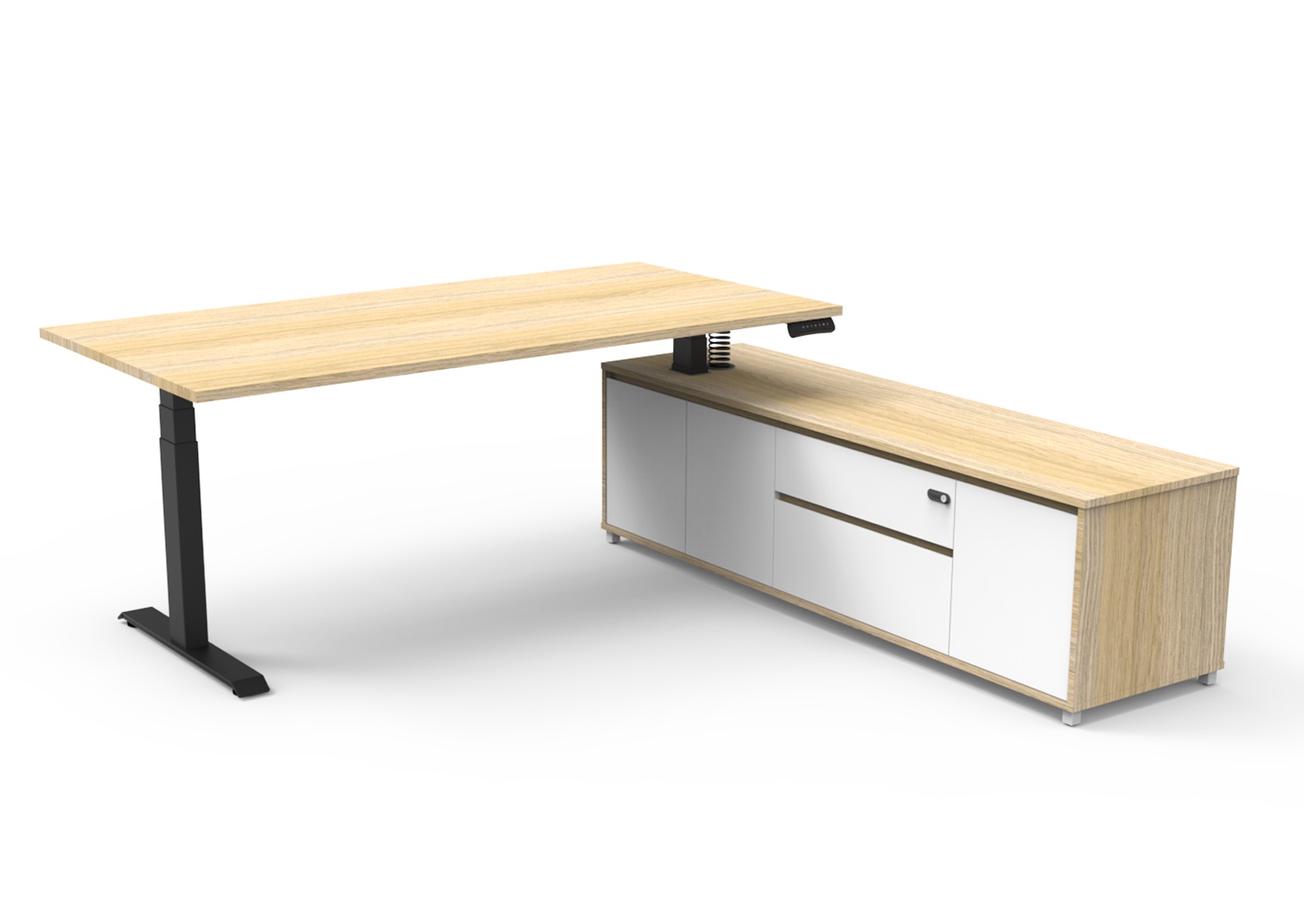 Rapidline Boost Executive Desk – 1800mm x 1800mm, Natural Oak Top, Black P/C Underframe, Right-Hand Side Cabinet