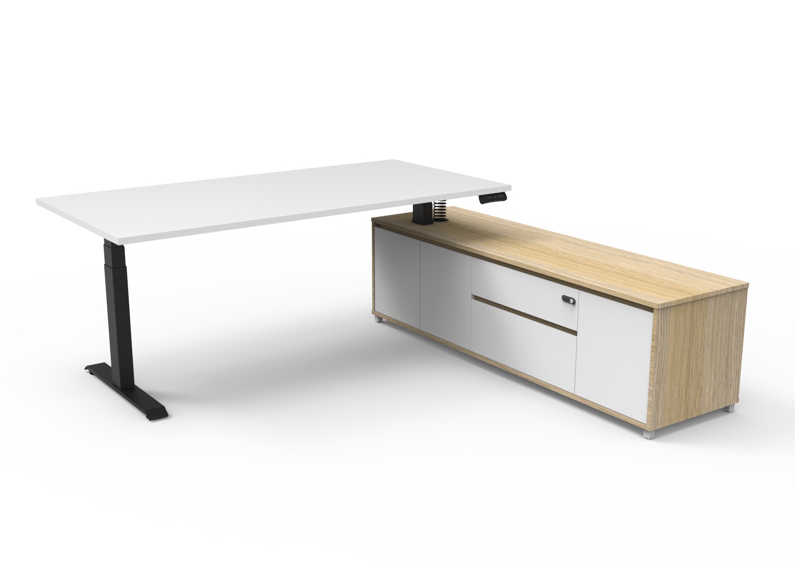 Rapidline Boost Executive Desk – 1800mm x 1800mm, Natural White Top, Black P/C Underframe, Right-Hand Side Cabinet