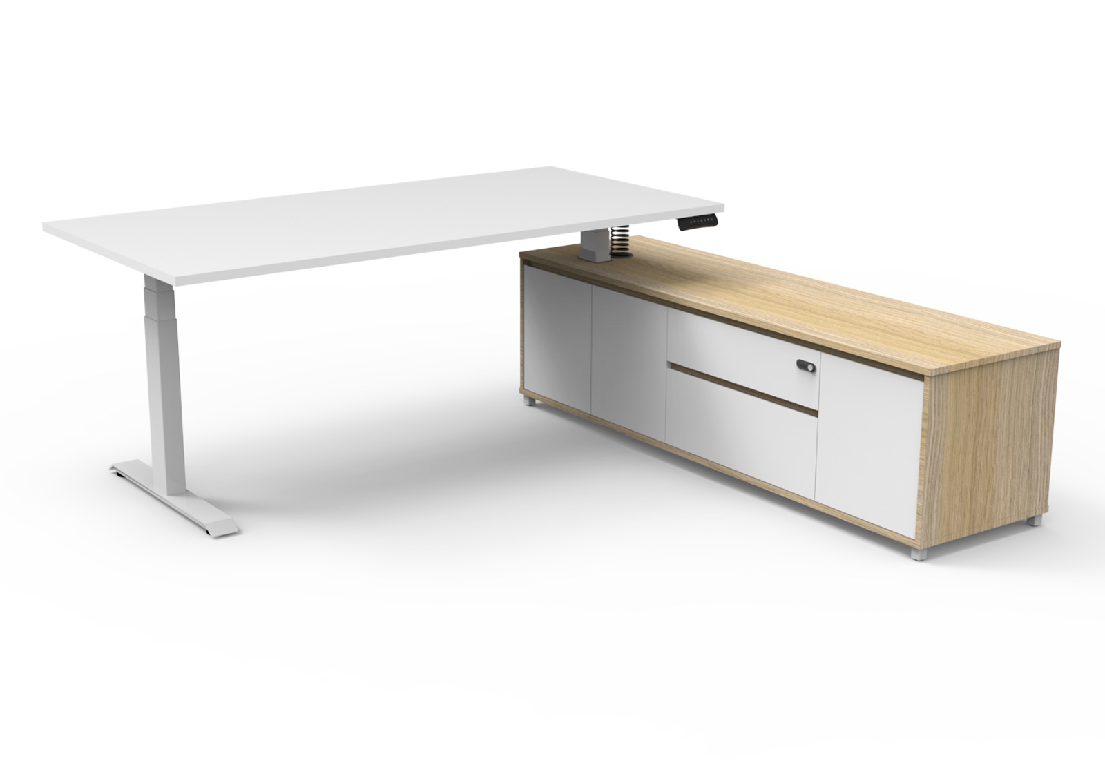 Rapidline Boost Executive Height Adjustable Desk | 1800×1800mm | Natural White Top, White P/C Underframe, Right-Hand Side Cabinet Return