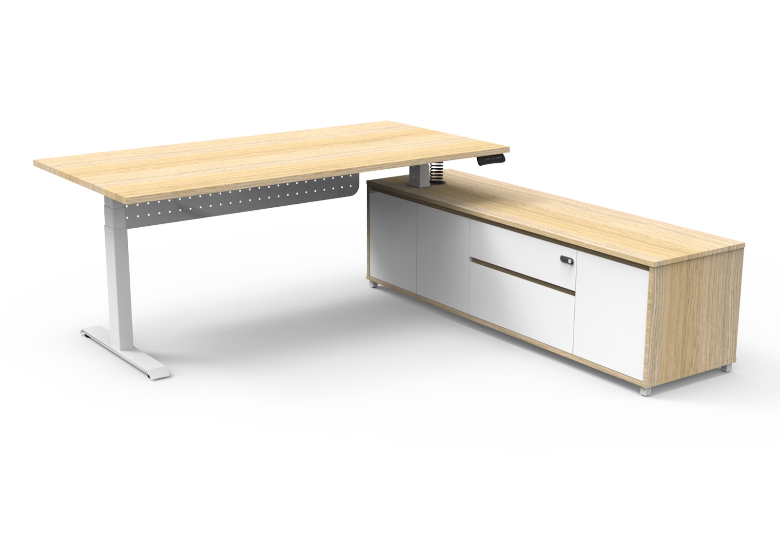 Rapidline Boost Executive Desk – Natural Oak Top, White P/C Underframe, Right-Hand Cabinet (1800×1800mm)