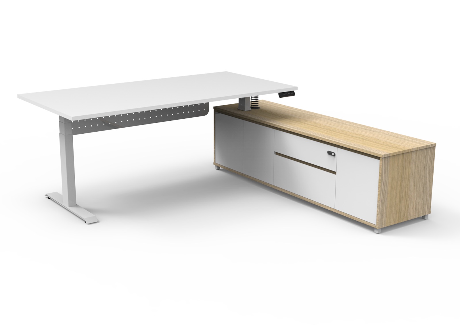 Rapidline Boost Executive Height Adjustable Desk – 1800×1800mm, Natural White Top, White P/C Frame, Right-Hand Cabinet