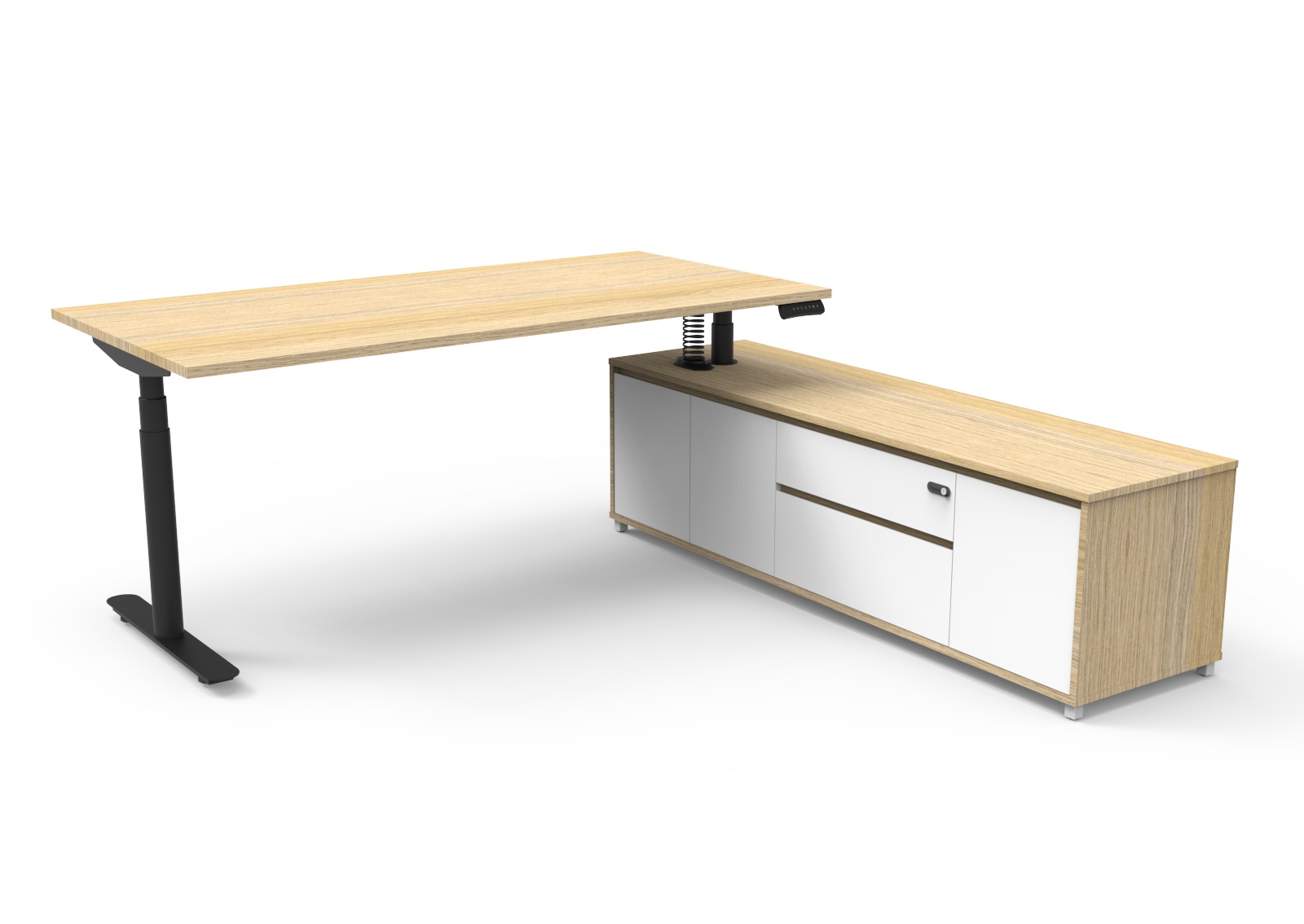 Rapidline Halo+ Executive Sit-Stand Desk & Right-Hand Cabinet – Natural Oak Top, Black Frame, 1800×1800mm, 500–900mm Height Range