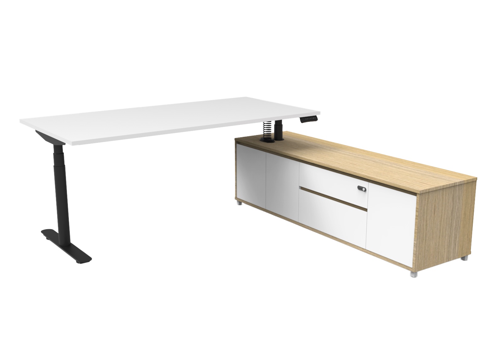 Rapidline Halo+ Executive Sit-Stand Desk & Right-Hand Cabinet – Natural White Top, Black Frame, 1800×1800mm, 500–900mm Height Range