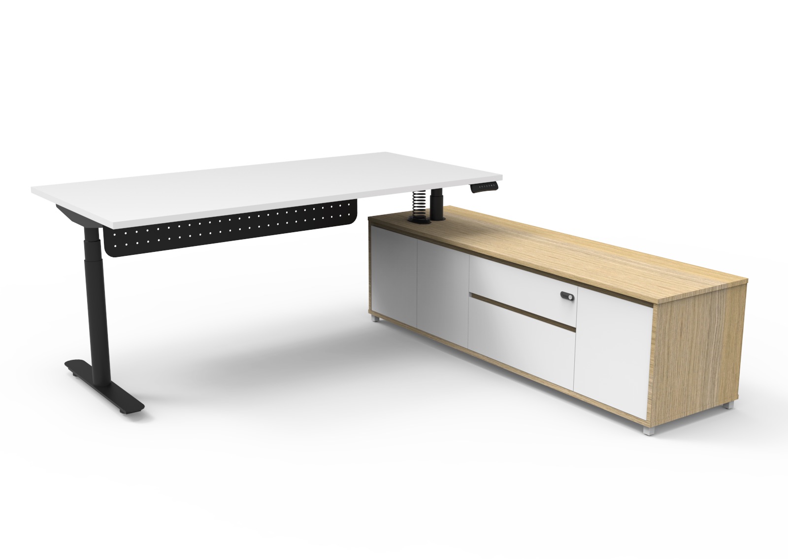 Rapidline Halo+ Executive Desk & Cabinet – Natural White Top, Black Underframe, Left Side Return