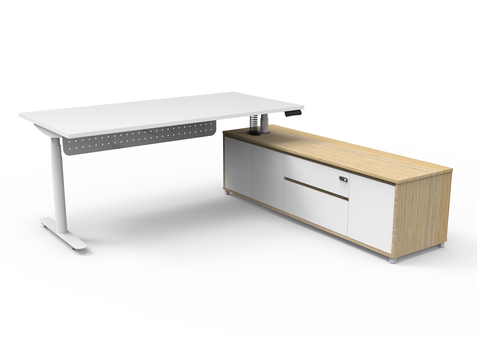 Rapidline Halo+ Executive Desk & Cabinet – Natural White Top, White Underframe, Left Side Return