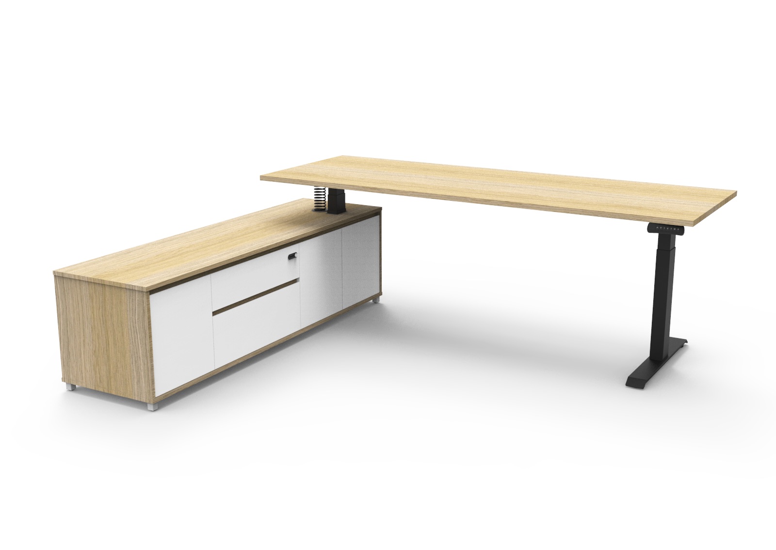Rapidline Boost Executive Height Adjustable Desk – 2100mm, Natural Oak Top, Black P/C Frame, Left-Hand Side Cabinet