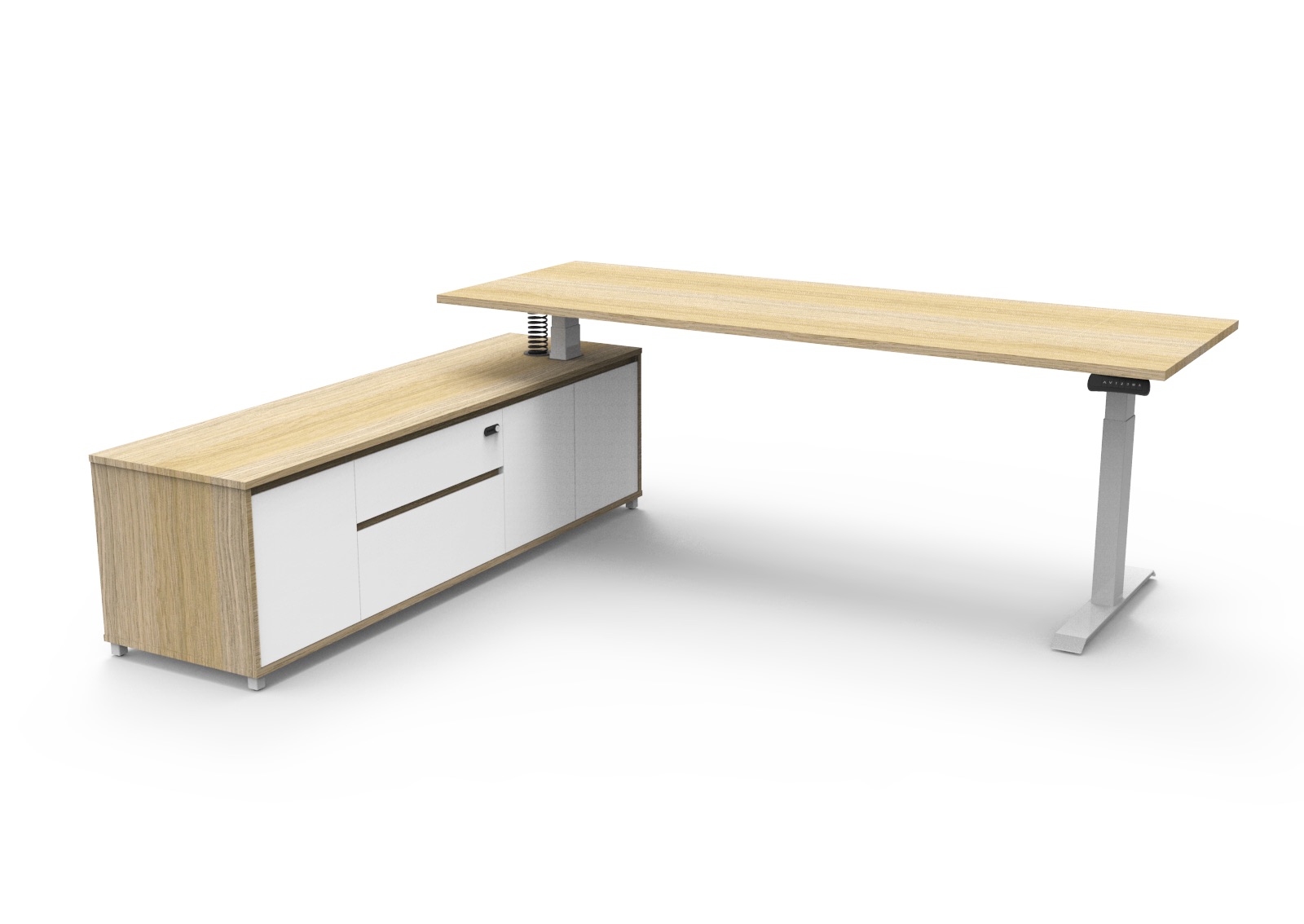 Rapidline Boost Executive Height Adjustable Desk – 2100mm, Natural Oak Top, White P/C Frame, Left-Hand Side Cabinet
